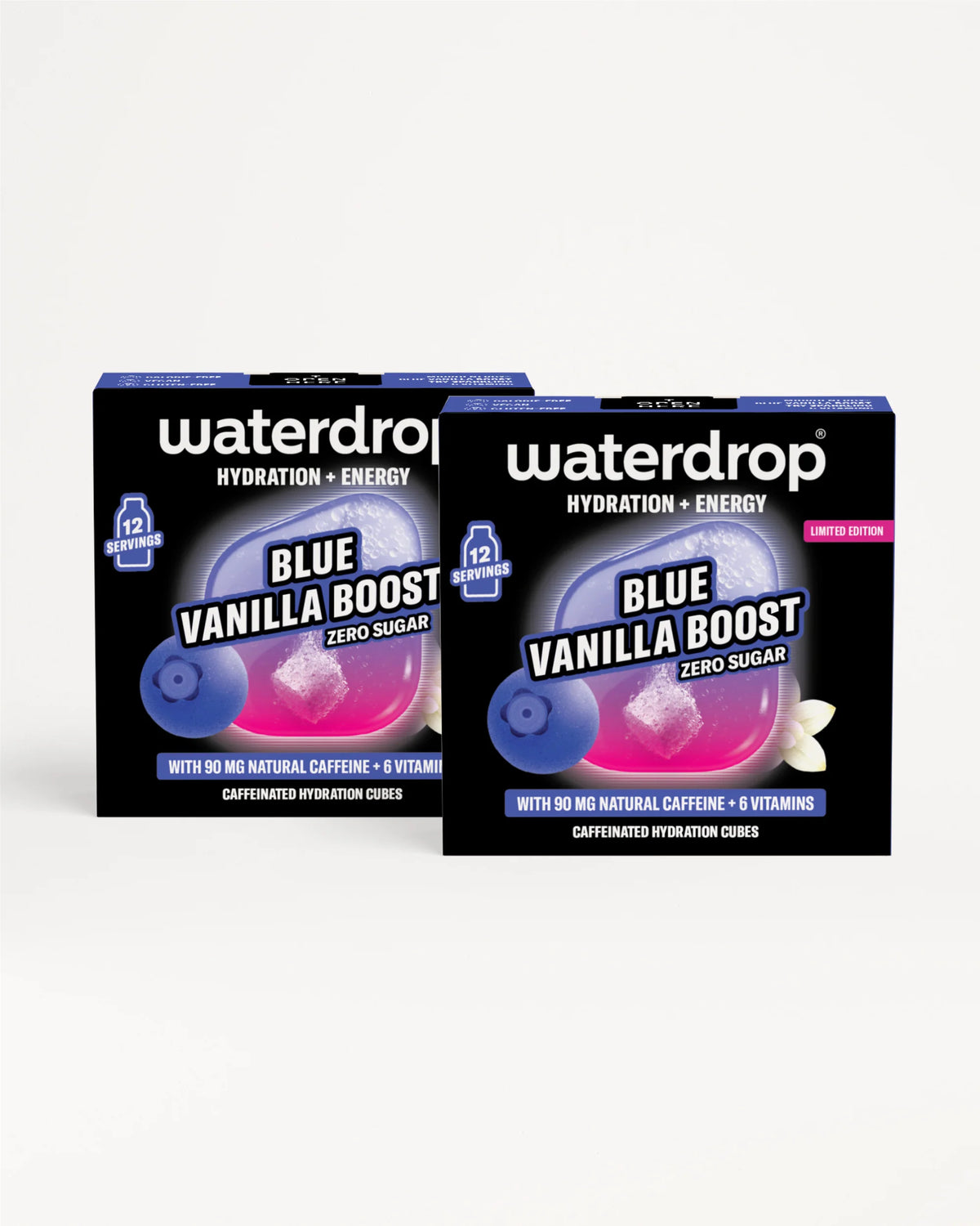 Dvě krabičky Waterdrop Blue Vanilla Boost s modrým a fialovým balením.