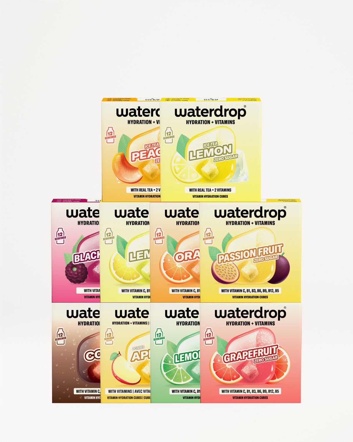 Sada krabic Waterdrop na hydrataci a vitamíny ve tvaru pyramidy s různými ovocnými příchutěmi.