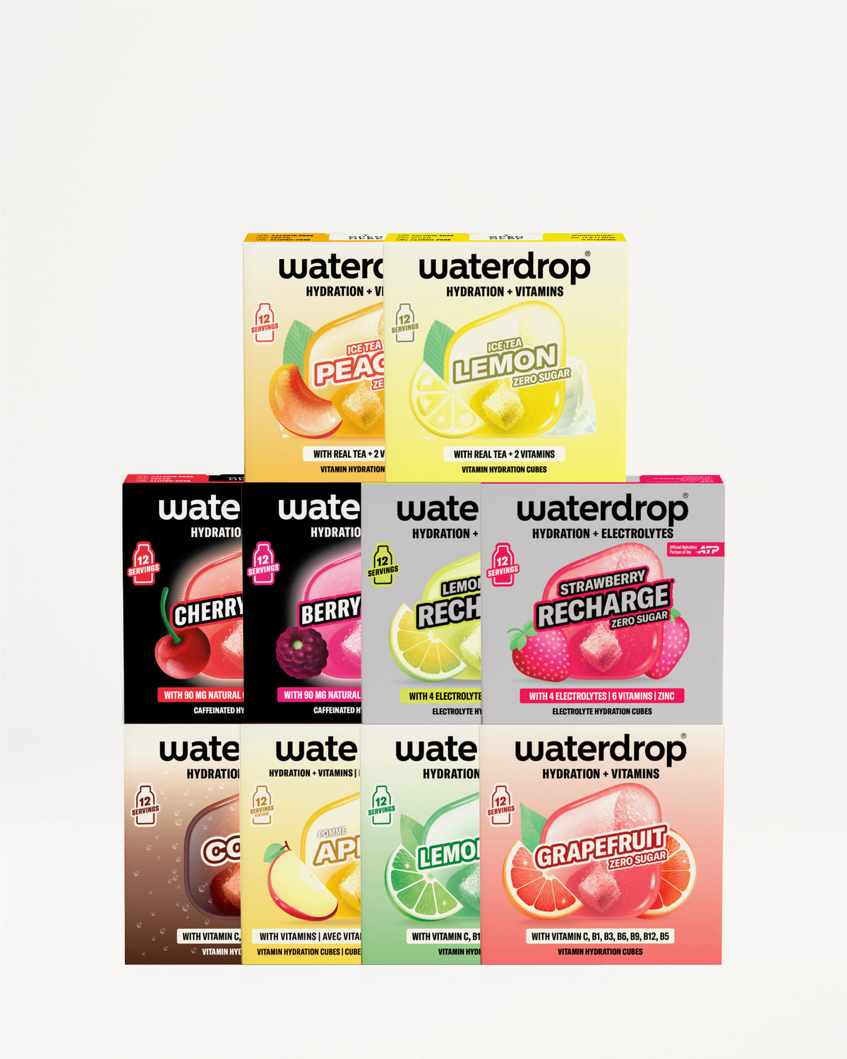 Různé Waterdrop boxy pro hydrataci ve tvaru pyramidy.
