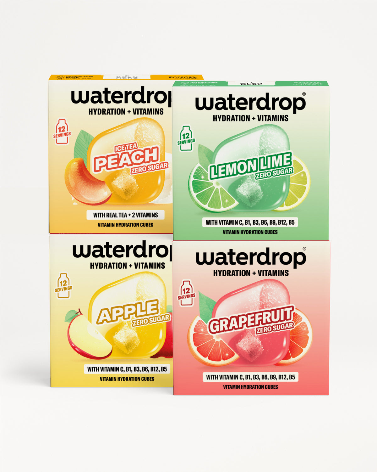 Směs Waterdrop balíčků pro hydrataci a vitamíny s příchutěmi broskev, citron-lípa, jablko a grapefruit.