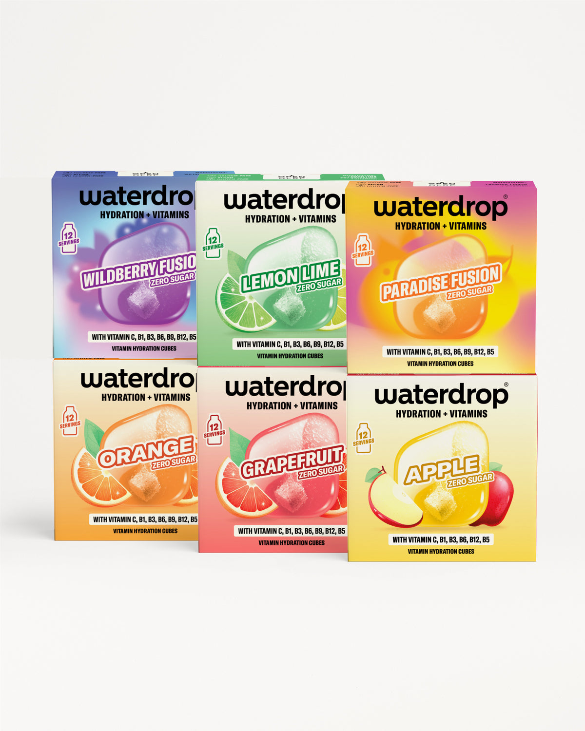 Šest balení Waterdrop pro hydrataci a vitamíny v různě barevných obalech, uspořádaných do dvou řad.