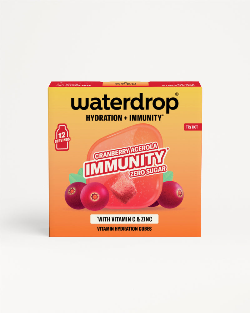 Krabice Waterdrop Immunity hydratační kostky s příchutí brusinka-acerola, čelní obal.