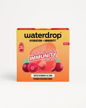 Krabice Waterdrop Immunity hydratační kostky s příchutí brusinka-acerola, čelní obal.