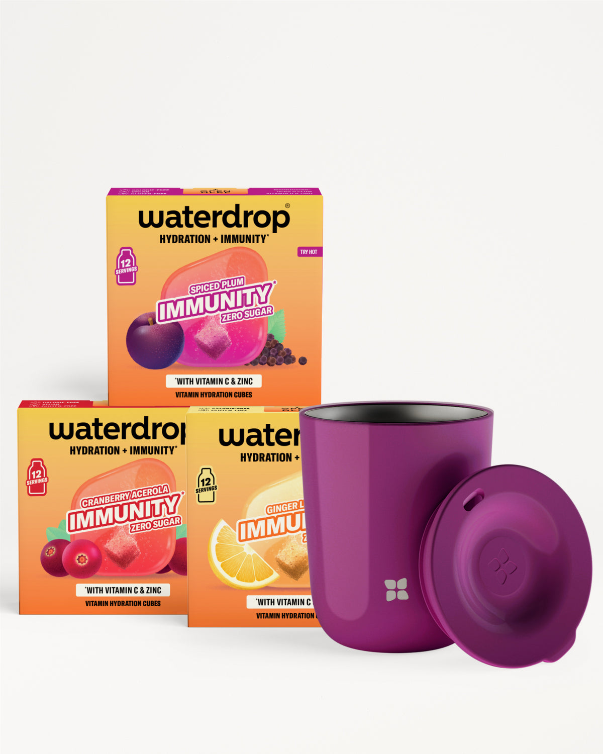 Sady Waterdrop pro hydrataci a imunitu s fialovým kelímkem a víkem.