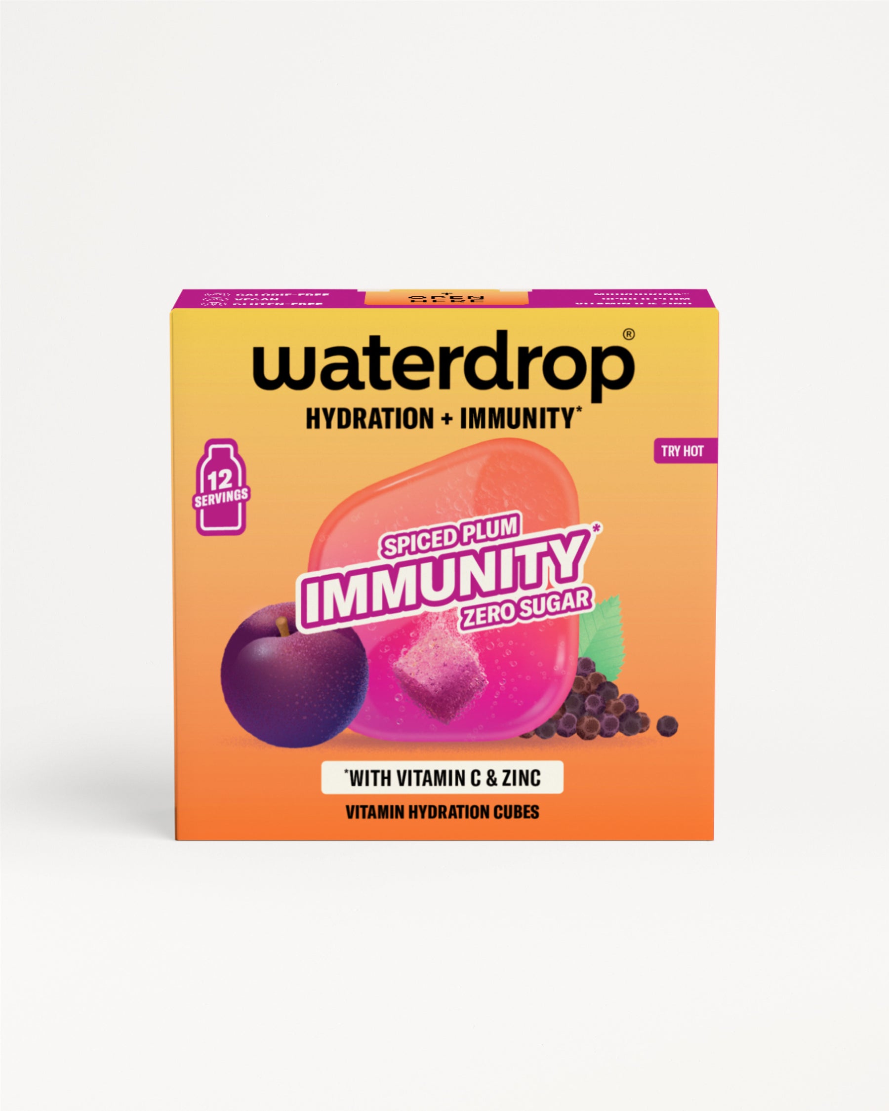 Oranžovožlutá krabice Waterdrop s ilustrací bobulovin na bílém pozadí.