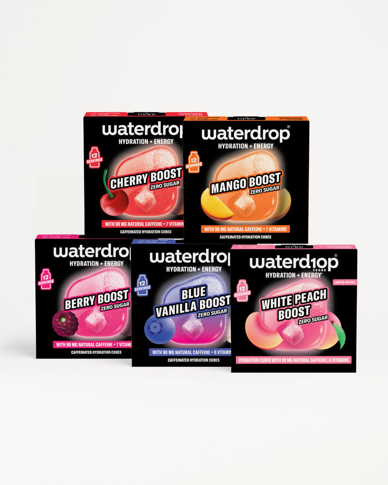 Skladané krabičky Waterdrop Hydratace Energie na bílé pozadí.