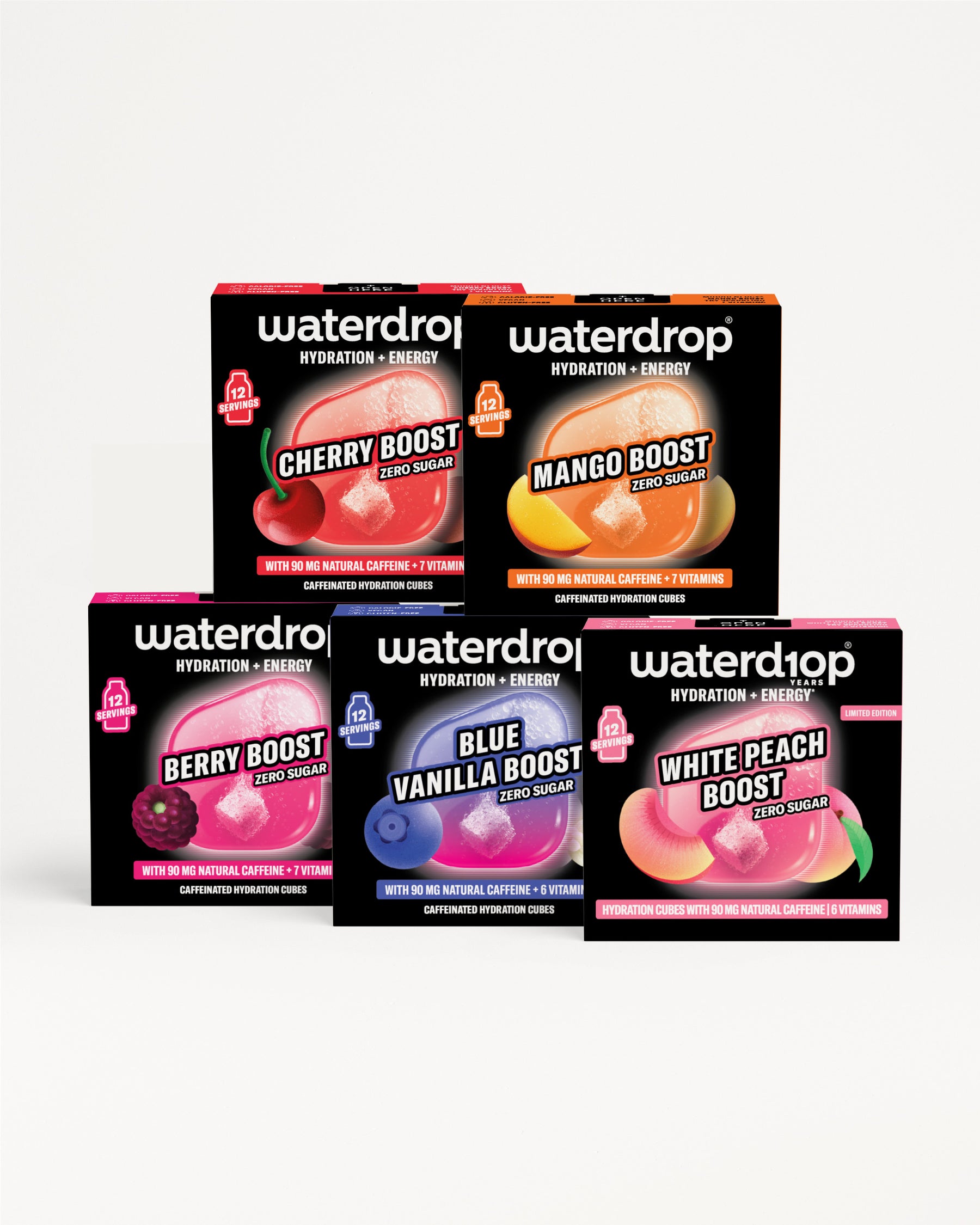 Skladané krabičky Waterdrop Hydratace Energie na bílé pozadí.