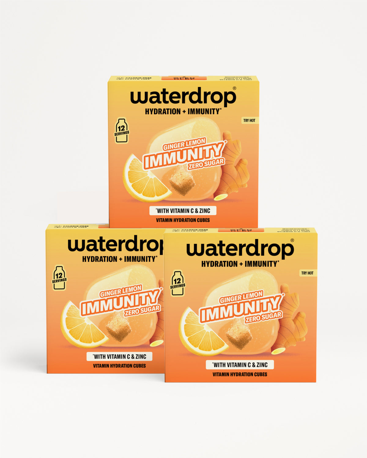 Tři krabičky Waterdrop pro hydrataci a imunitu, naskládané na sebe.