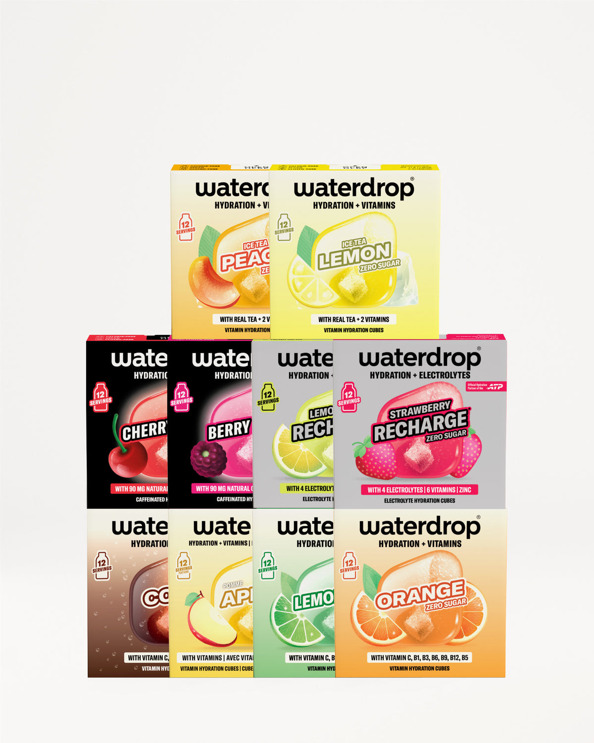 Sortiment balíčků Waterdrop pro hydrataci, naskládaných do pyramidy.