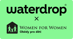 Logo Waterdrop ve spolupráci s Women for Women na světle zeleném obdélníku.